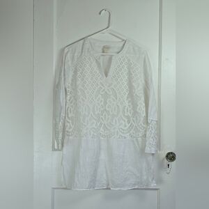 Chico's White Linen Lace Swim Coverup Blouse Top Size M